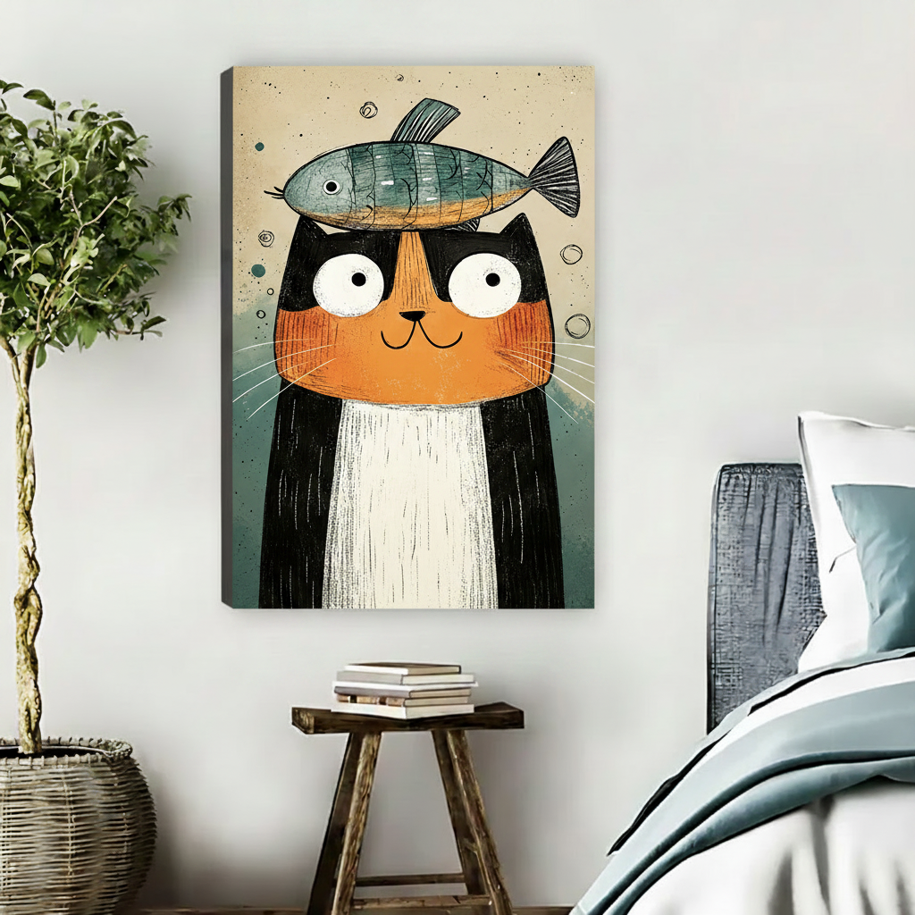 Whimsical cat canvas print hanging in modern bedroom with blue bedding