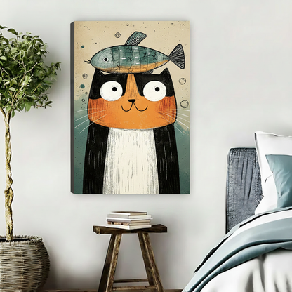 Whimsical cat canvas print hanging in modern bedroom with blue bedding
