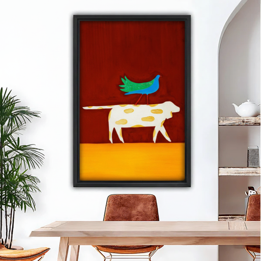 Folk art dog and bird framed canvas wall art print deep red background