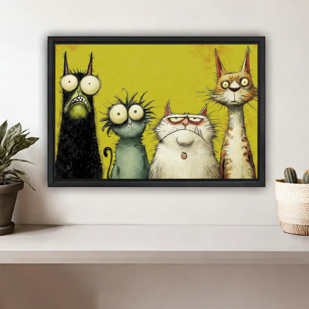 Funny crazy cats cartoon wall art print in black frame on white wall above shelf with green plants and cactus
