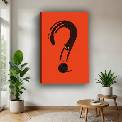 Black cat question mark frameless gallery wrap canvas wall art – vibrant orange background, quirky cat graphic print, displayed in modern Scandinavian living room with cream sofa and leafy plants
