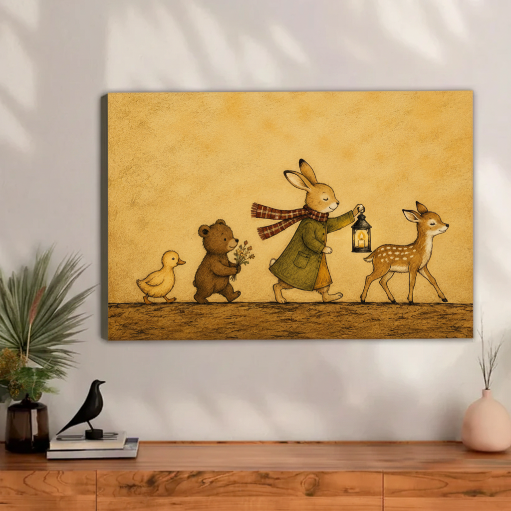 Rabbit bear duckling fawn gallery wrap canvas print, warm golden storybook illustration wall art