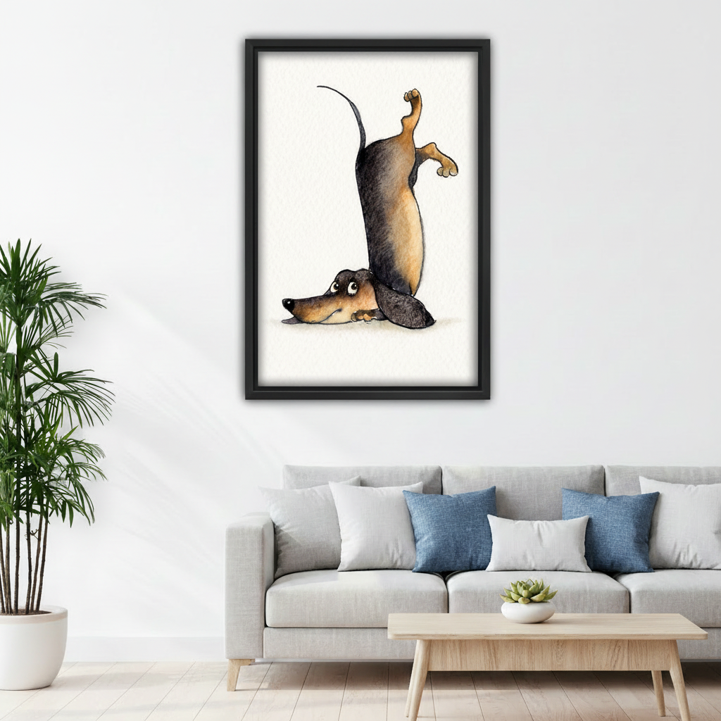 Funny dachshund yoga watercolor canvas art in kids bedroom — humorous dog stretch illustration, playful animal wall decor for children's room