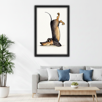 Funny dachshund yoga watercolor canvas art in kids bedroom — humorous dog stretch illustration, playful animal wall decor for children's room