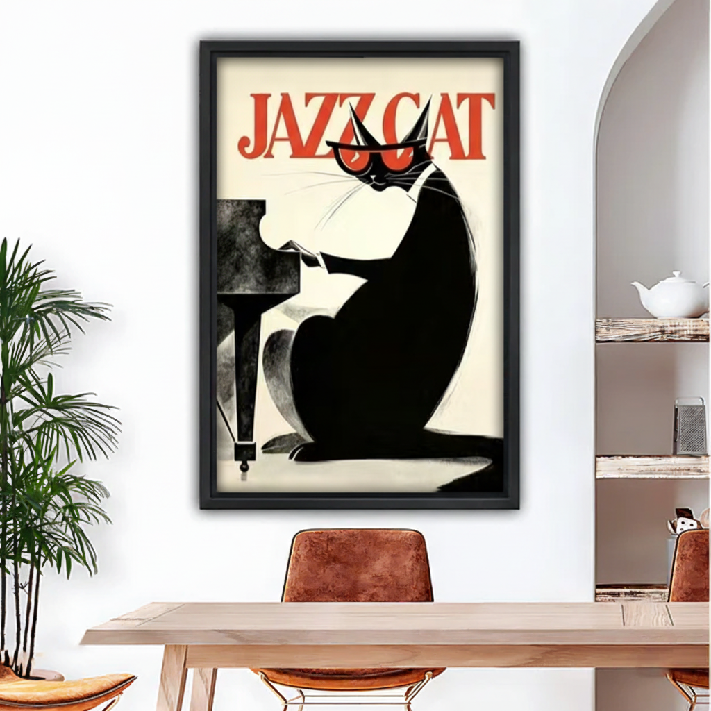 Vintage Jazz Cat retro poster framed wall art, black frame, piano cat illustration, above dining table