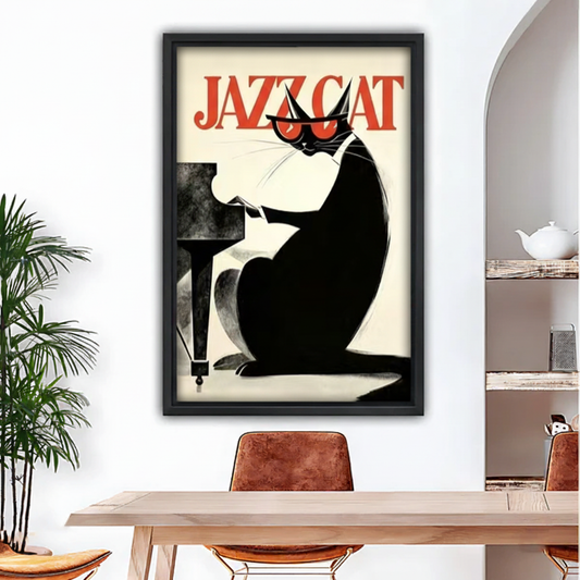 Vintage Jazz Cat retro poster framed wall art, black frame, piano cat illustration, above dining table
