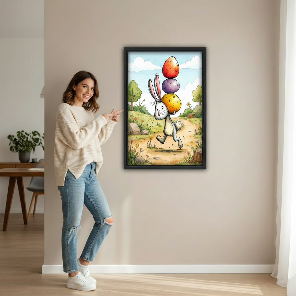 Easter cartoon wall art in black frame, bunny running with red purple and yellow eggs, nursery decor