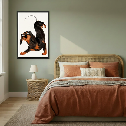 Dachshund vintage cartoon framed canvas print in cozy bedroom with sage green walls — funny retro dog wall art