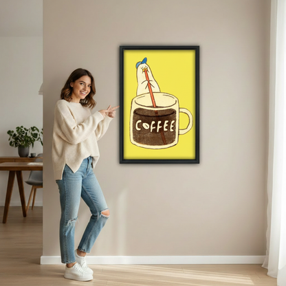 Woman pointing at funny yellow chicken coffee canvas wall art print on beige wall