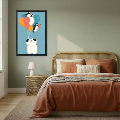 Playful polar bear and penguin balloon canvas print displayed in a cozy bedroom — cheerful illustrated animal wall art for kids and adults