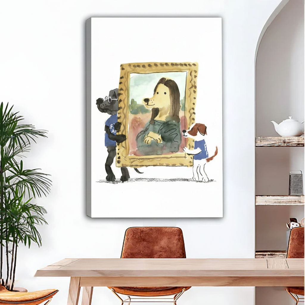 Funny dog Mona Lisa unframed canvas art leaning against dining room wall, watercolor parody illustration, quirky statement home decor