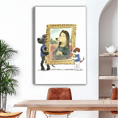 Funny dog Mona Lisa unframed canvas art leaning against dining room wall, watercolor parody illustration, quirky statement home decor