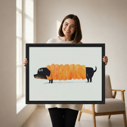 Funny dachshund bread wrap canvas wall art close-up — quirky animal illustration ideal for hallway or living room display