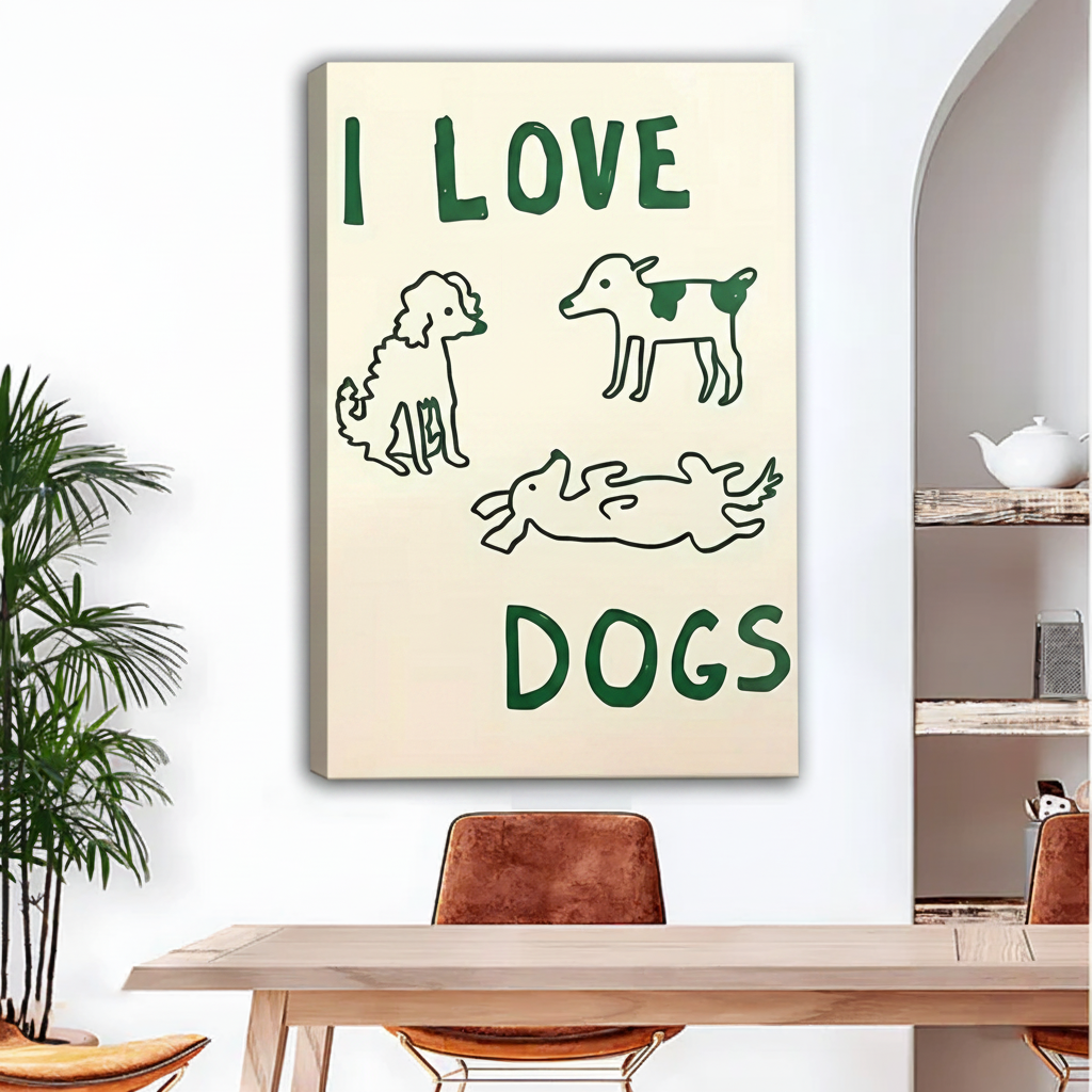 Funny I Love Dogs doodle art, gallery wrap frameless canvas, three dogs illustration, playful living room wall decor
