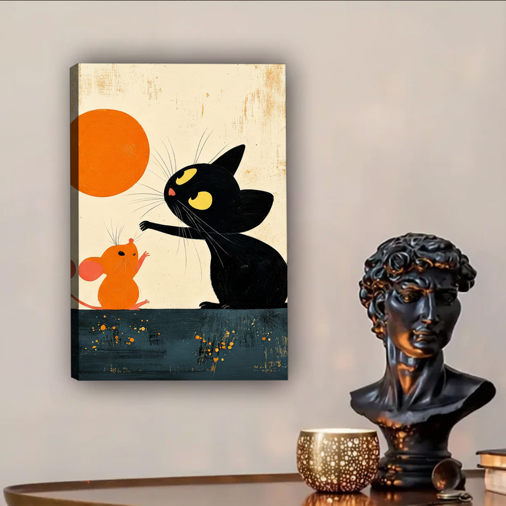 Whimsical folk art print of black cat with yellow eyes and orange mouse under orange sun, cream background
