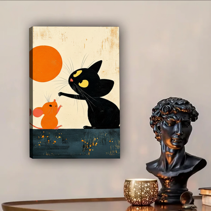 Whimsical folk art print of black cat with yellow eyes and orange mouse under orange sun, cream background