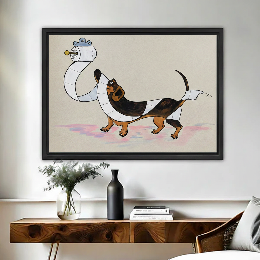 Funny dachshund wrapped in toilet paper framed canvas wall art whimsical dog home decor