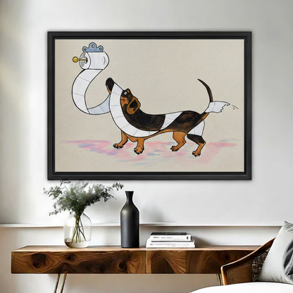 Funny dachshund wrapped in toilet paper framed canvas wall art whimsical dog home decor
