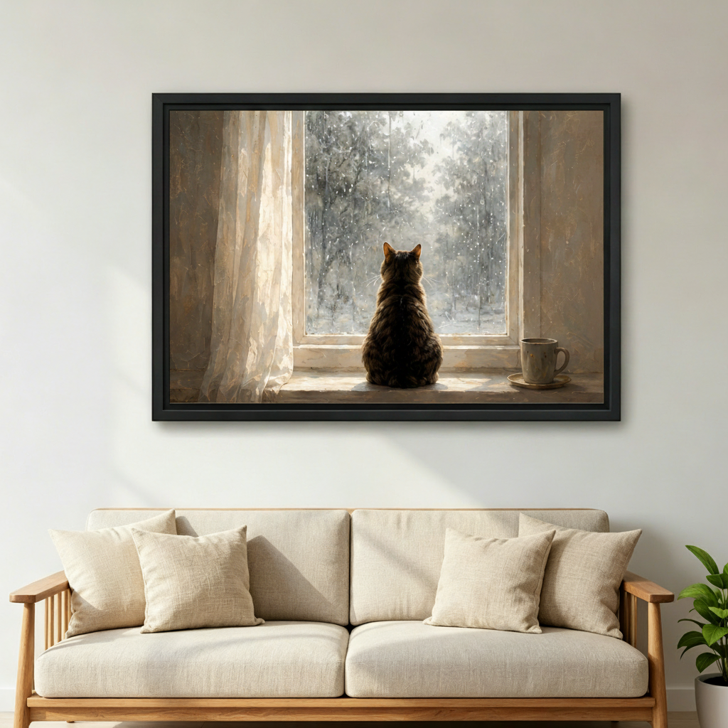 Cozy cat snow window oil painting framed canvas print hanging above living room sofa