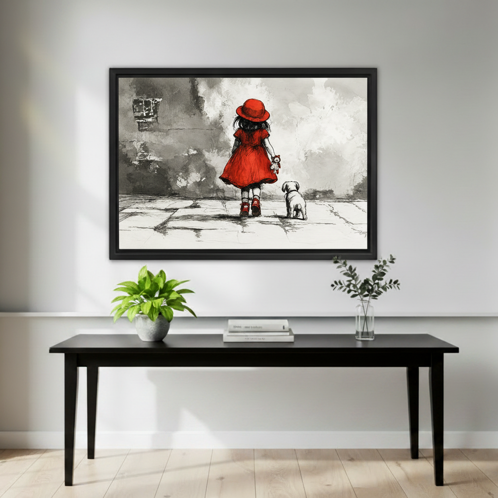 Red dress girl dog ink sketch canvas wall art above console table living room decor