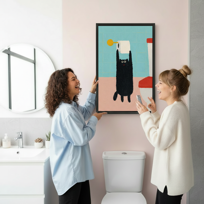 Whimsical black cat canvas wall art — funny framed print for bathroom or living room