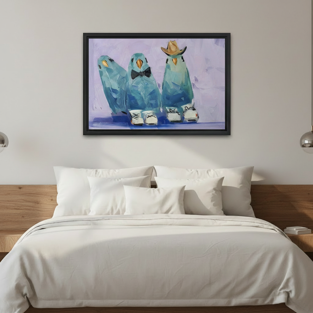 Whimsical parakeet trio wall art displayed above sofa in bright living room, funny dressed bird print, eclectic colorful home decor