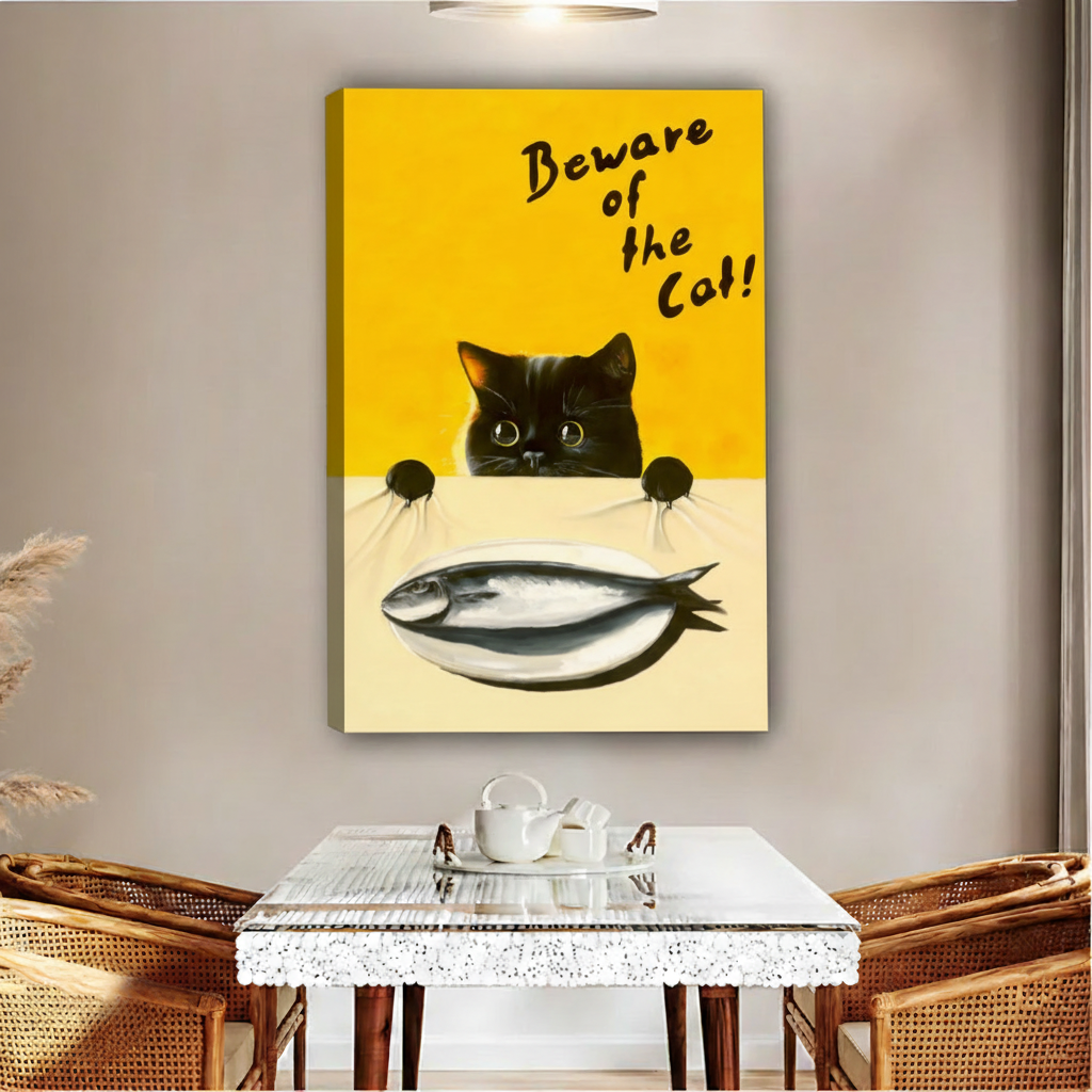 Beware of the Cat retro black cat gallery wrap canvas, cat lover home wall art