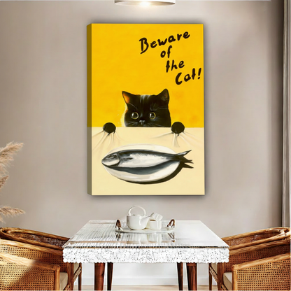 Beware of the Cat retro black cat gallery wrap canvas, cat lover home wall art