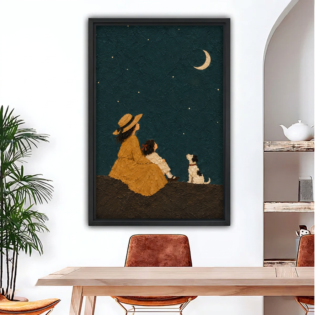 Folk Art Woman Child and Dog Under Moon Canvas Wall Art | Framed & Unframed l4933