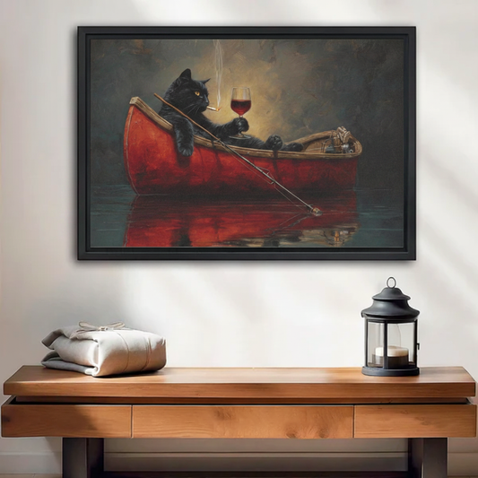 Black Cat in a Red Boat with Wine Oil Painting Canvas — black framed print displayed on a living room wall