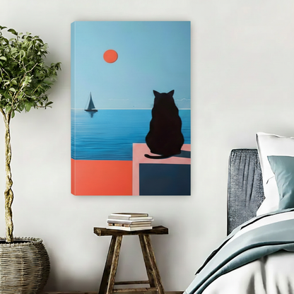Minimalist Black Cat Ocean View Canvas Wall Art - Serene Cat Silhouette Coastal Art Print