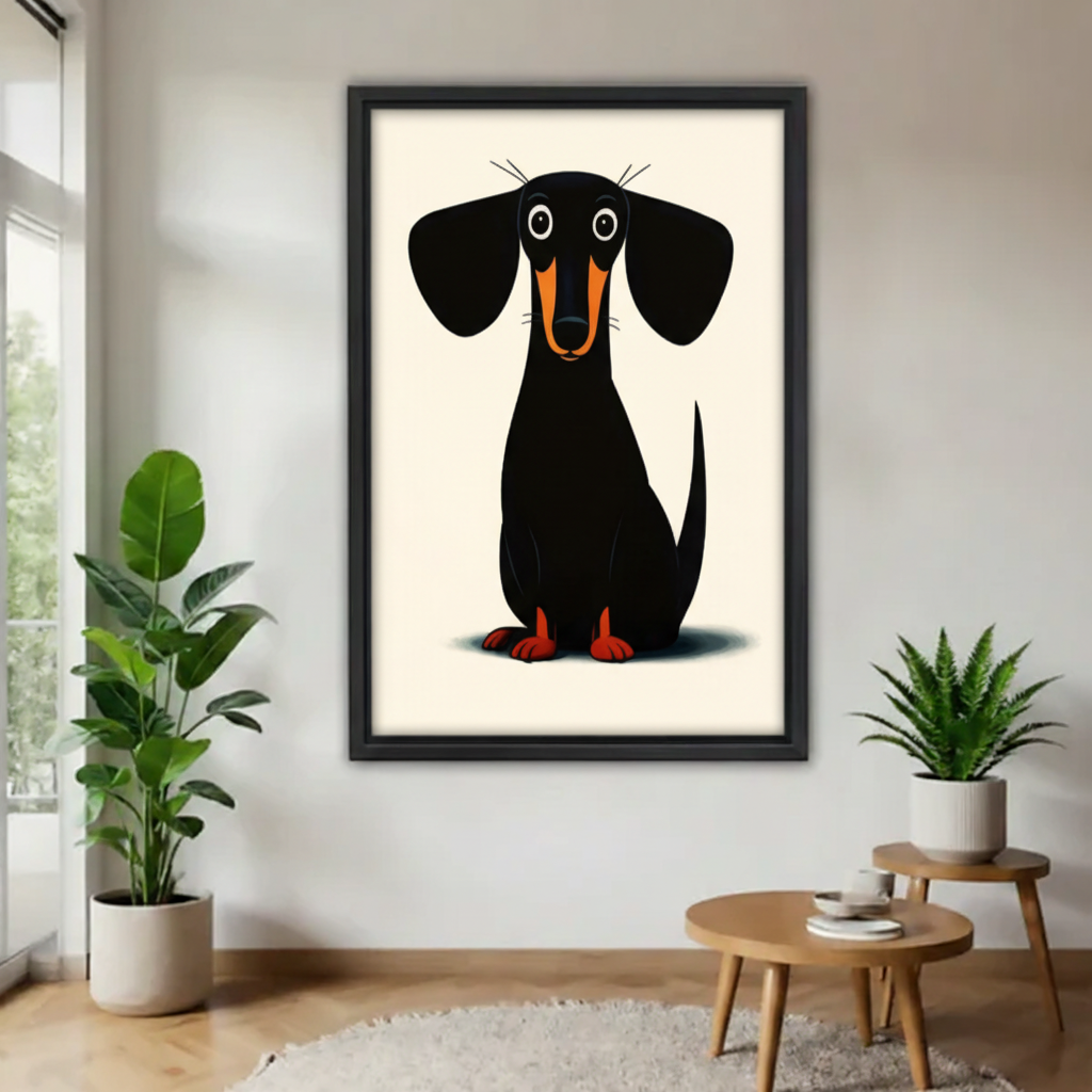 Cute minimalist dachshund canvas wall art in black frame, adorable black wiener dog illustration for modern living room decor