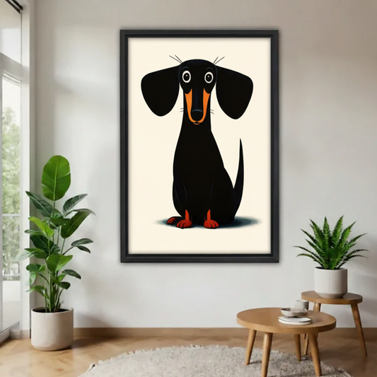 Cute minimalist dachshund canvas wall art in black frame, adorable black wiener dog illustration for modern living room decor