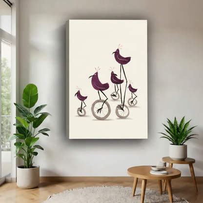 Whimsical purple birds on unicycles gallery wrap canvas art, frameless minimalist bird print for modern home wall decor