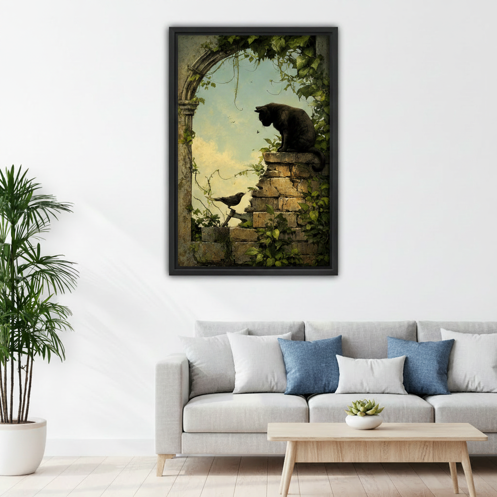 Black cat ivy stone arch canvas art print decorating cozy children bedroom wall