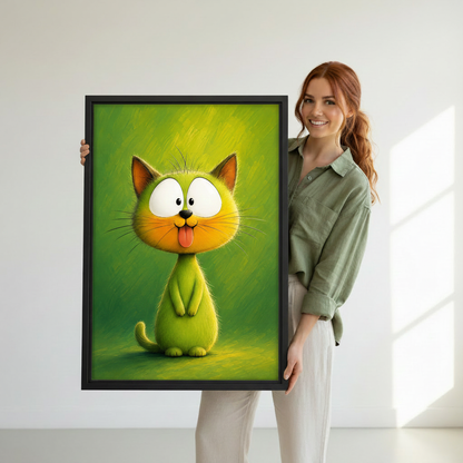 Black framed whimsical green cat canvas art held against white studio background