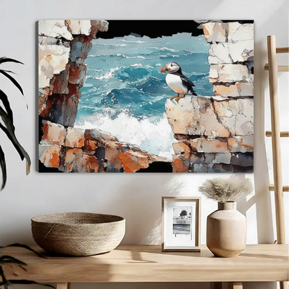 Puffin Coastal Stone Wall Oil Painting Art Print l2009