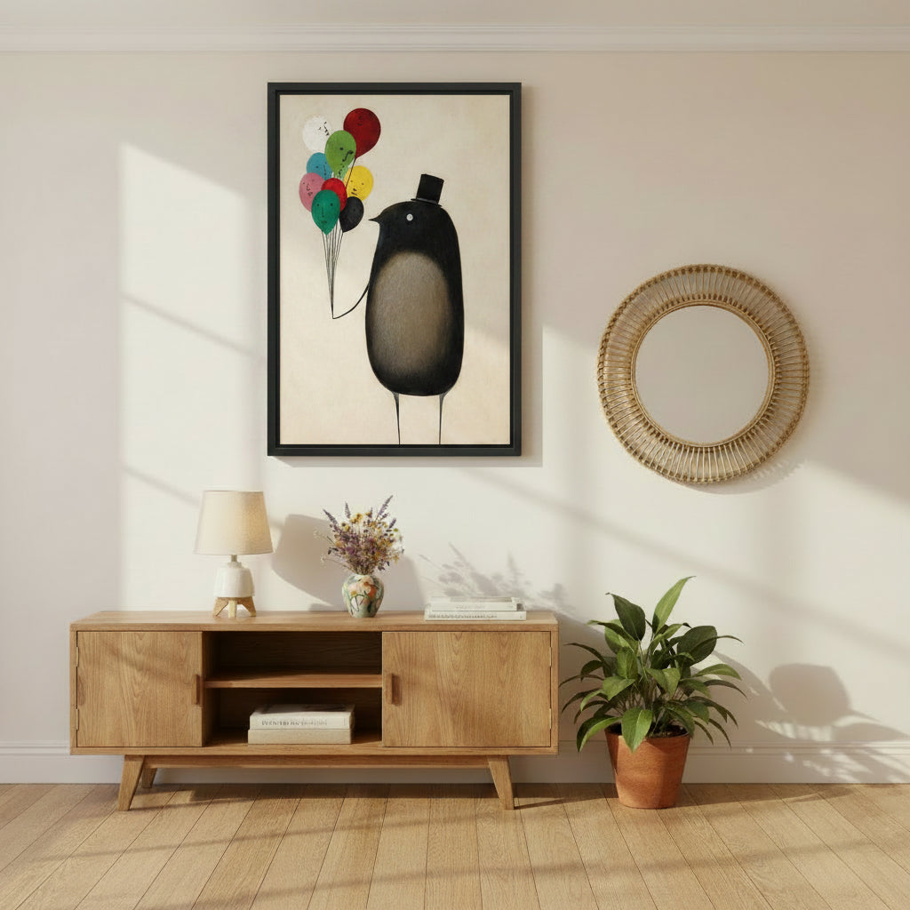 Surrealist Black Bird Holding Face Balloons Framed Print – Dapper Bird Wall Art for Living Room