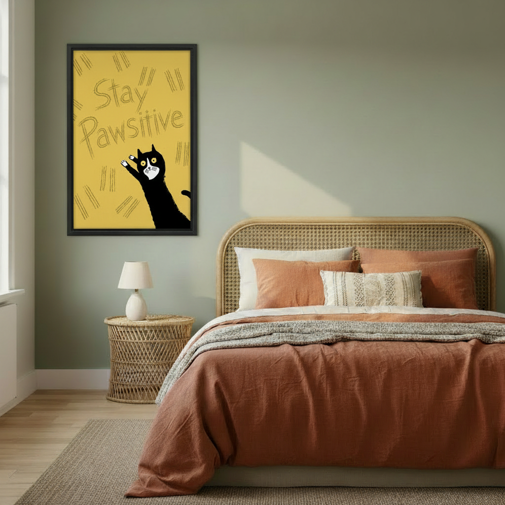 Stay Pawsitive retro black cat quote framed wall art – black frame, golden yellow background, hung in cozy boho bedroom with rattan headboard and warm terracotta bedding