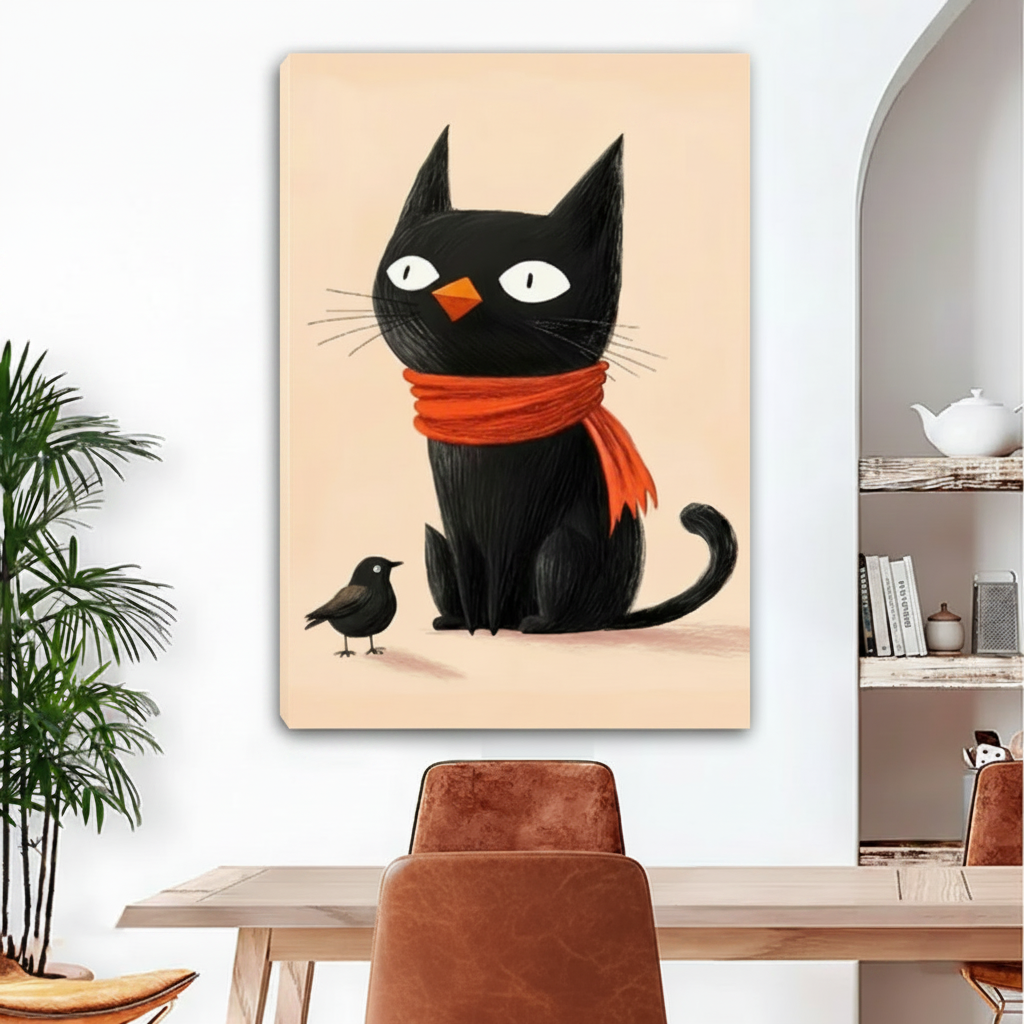 Cute black cat bird disguise gallery wrap canvas art on white wall, frameless whimsical home decor