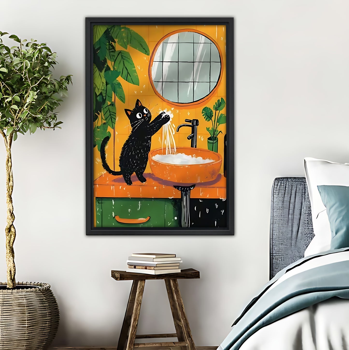 Playful Black Cat in Bathroom Art Print |Liberty Signs #L366
