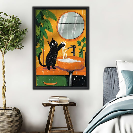 Playful Black Cat in Bathroom Art Print |Liberty Signs #L366