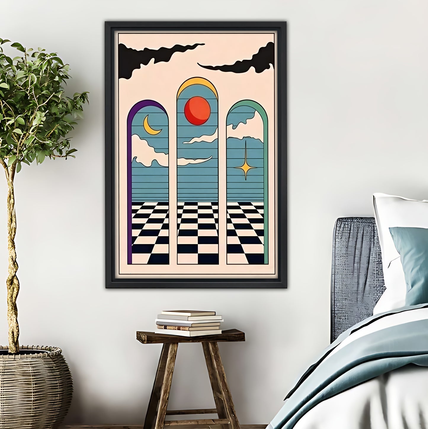 Retro Celestial Checkerboard Art Print - Boho Geometric Sun Moon Star Wall Decor|Liberty Signs #L429