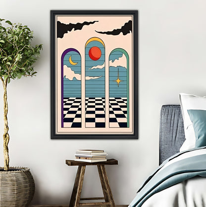 Retro Celestial Checkerboard Art Print - Boho Geometric Sun Moon Star Wall Decor|Liberty Signs #L429
