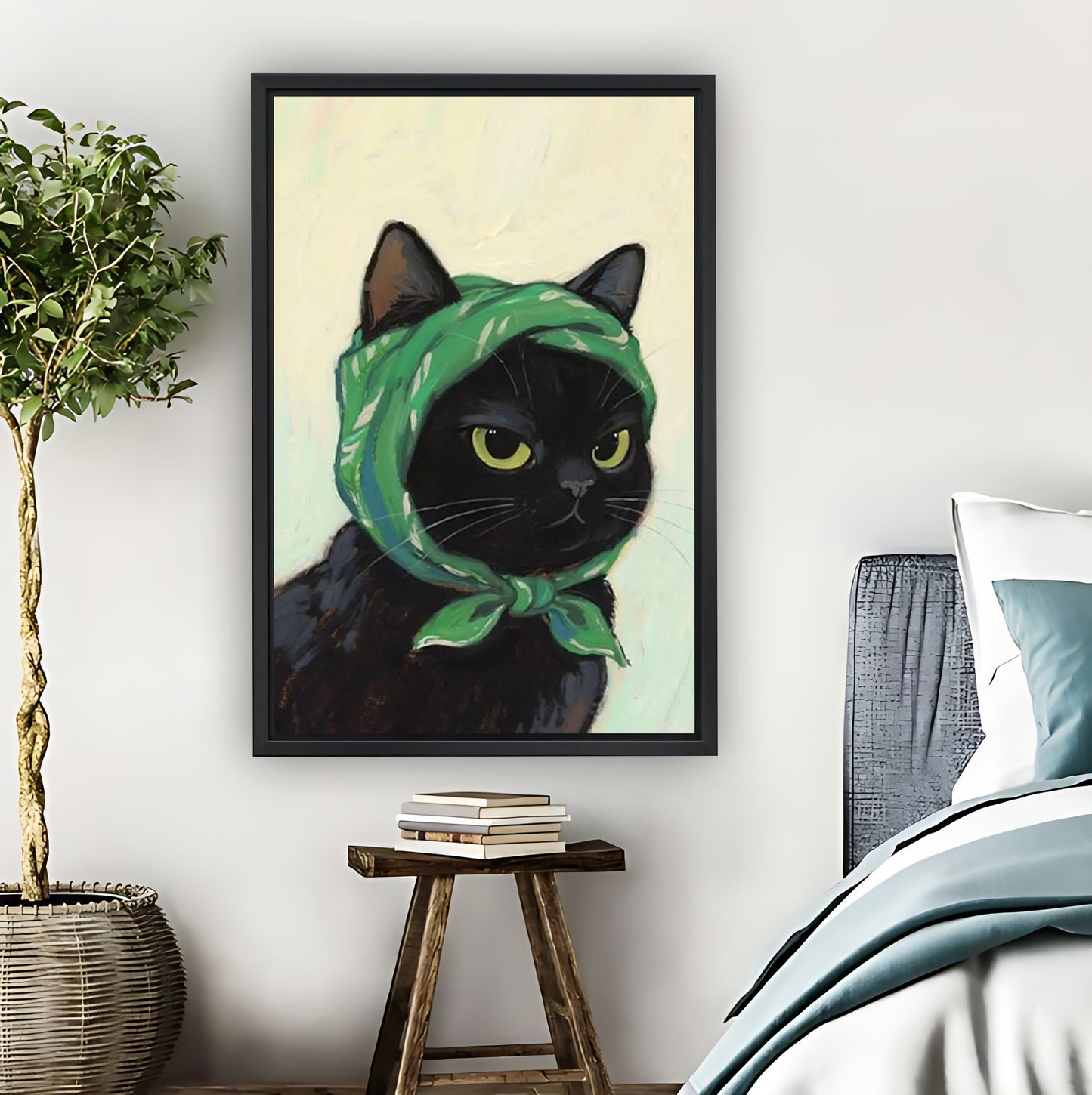 Black Cat with Green Headscarf Retro Portrait Wall Art|Liberty Signs #L825