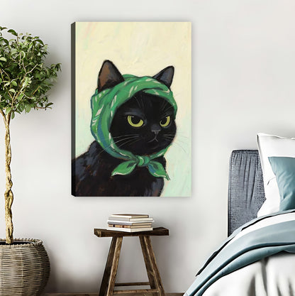 Black Cat with Green Headscarf Retro Portrait Wall Art|Liberty Signs #L825