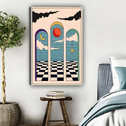 Retro Celestial Checkerboard Art Print - Boho Geometric Sun Moon Star Wall Decor|Liberty Signs #L429