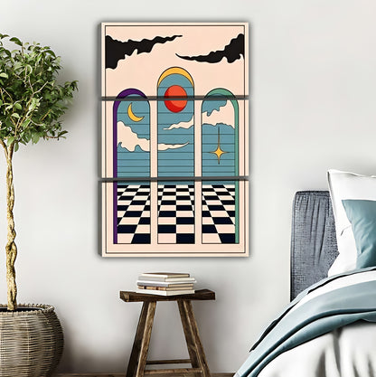 Retro Celestial Checkerboard Art Print - Boho Geometric Sun Moon Star Wall Decor|Liberty Signs #L429