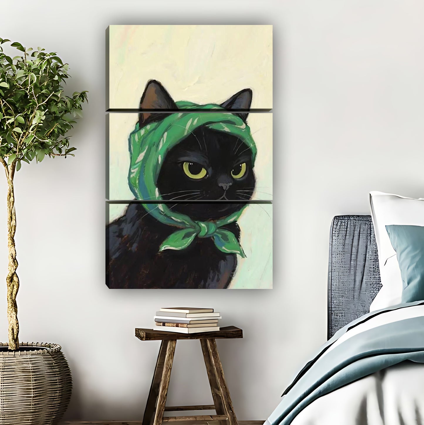 Black Cat with Green Headscarf Retro Portrait Wall Art|Liberty Signs #L825