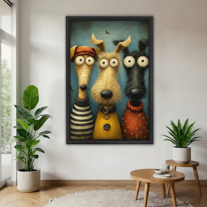 Whimsical three dogs folk art oil painting canvas wall art in black frame — funny cartoon dogs in striped yellow and polka dot outfits, bold dog lover wall decor